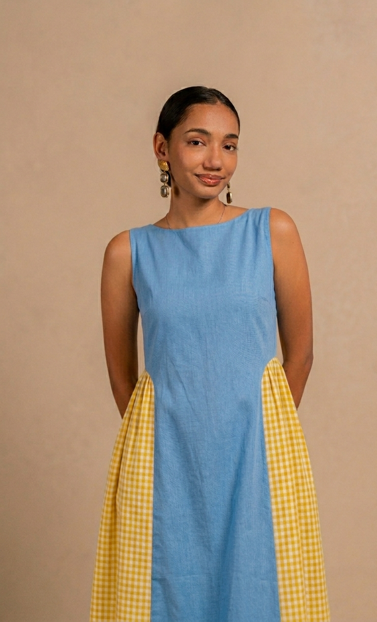 adele dress in light blue + yellow gingham — House of Chi