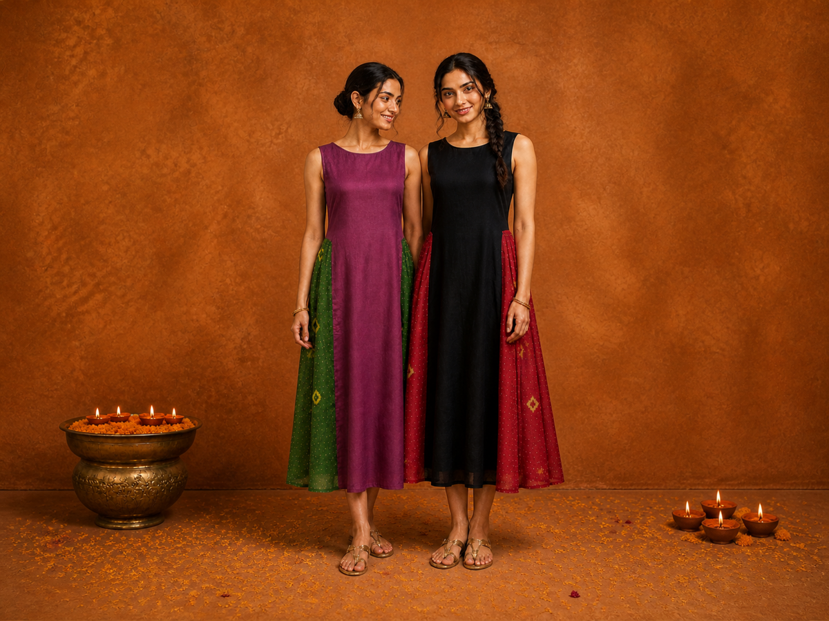 two women in the adele dress in plum + green and black + maroon bandhani