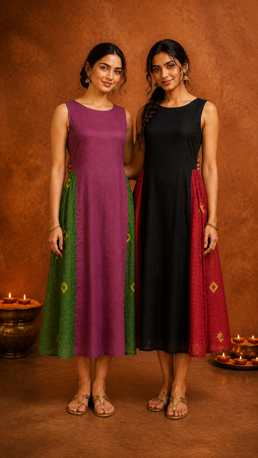 two women in the adele dress in plum + green and black + maroon bandhani
